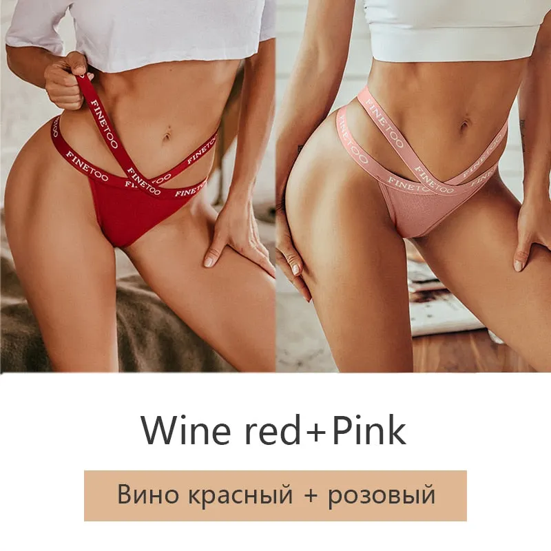 FINETOO 2Pcs/set Sexy Thongs Women Cotton G-string Panties Letter Bikini Underwear Girls Cross Belt Low-rise Underpants Lingerie