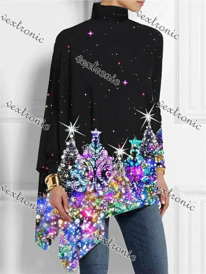 Women Long Sleeve Turtle Neck Graphic Printed Asymmetrical Tops
