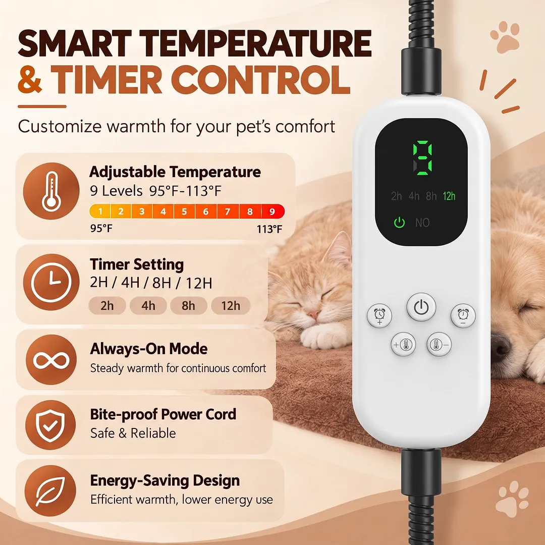BEBANG Cat Heating Pad, 15.6" x 19.5", 9 Adjustable Temperature Settings, 2-12H Timer, Washable Cover for Indoor Use