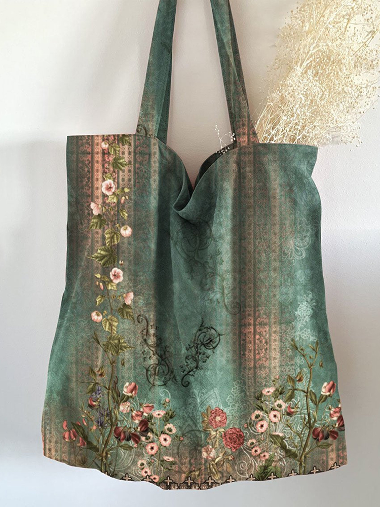 Comstylish Retro Floral Art Print Linen Tote Bag