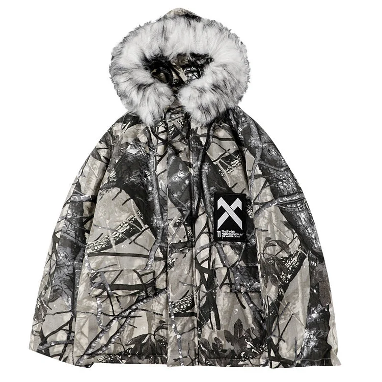 Dawfashion Techwear Streetwear-Camouflage Large Fur Collar Loose Casual Versatile Jackets-Streetfashion-Darkwear-Techwear
