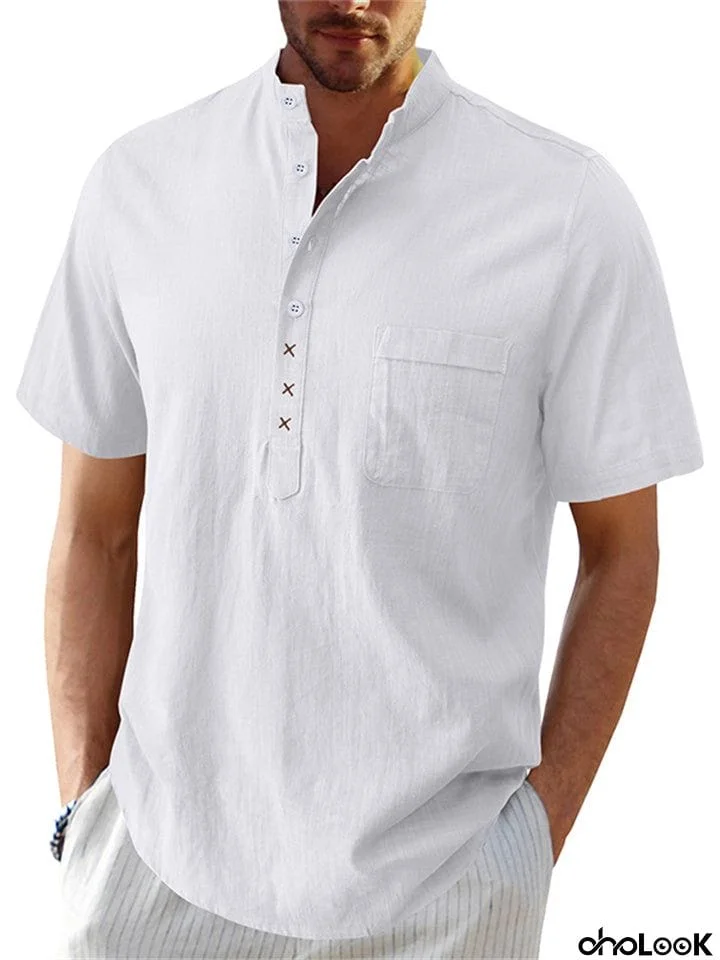 Men's Hawaiian Casual Stand Collar Short Sleeve Cotton Linen Shirt