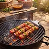 15.75 Inch Reusable Flat Grilling Skewers with Slider Push Bar Stainless Steel Grill Skewers with Storage Bag for Meats Chicken Sausage Veggie Shrimp Vegetables (2 fork Brush)