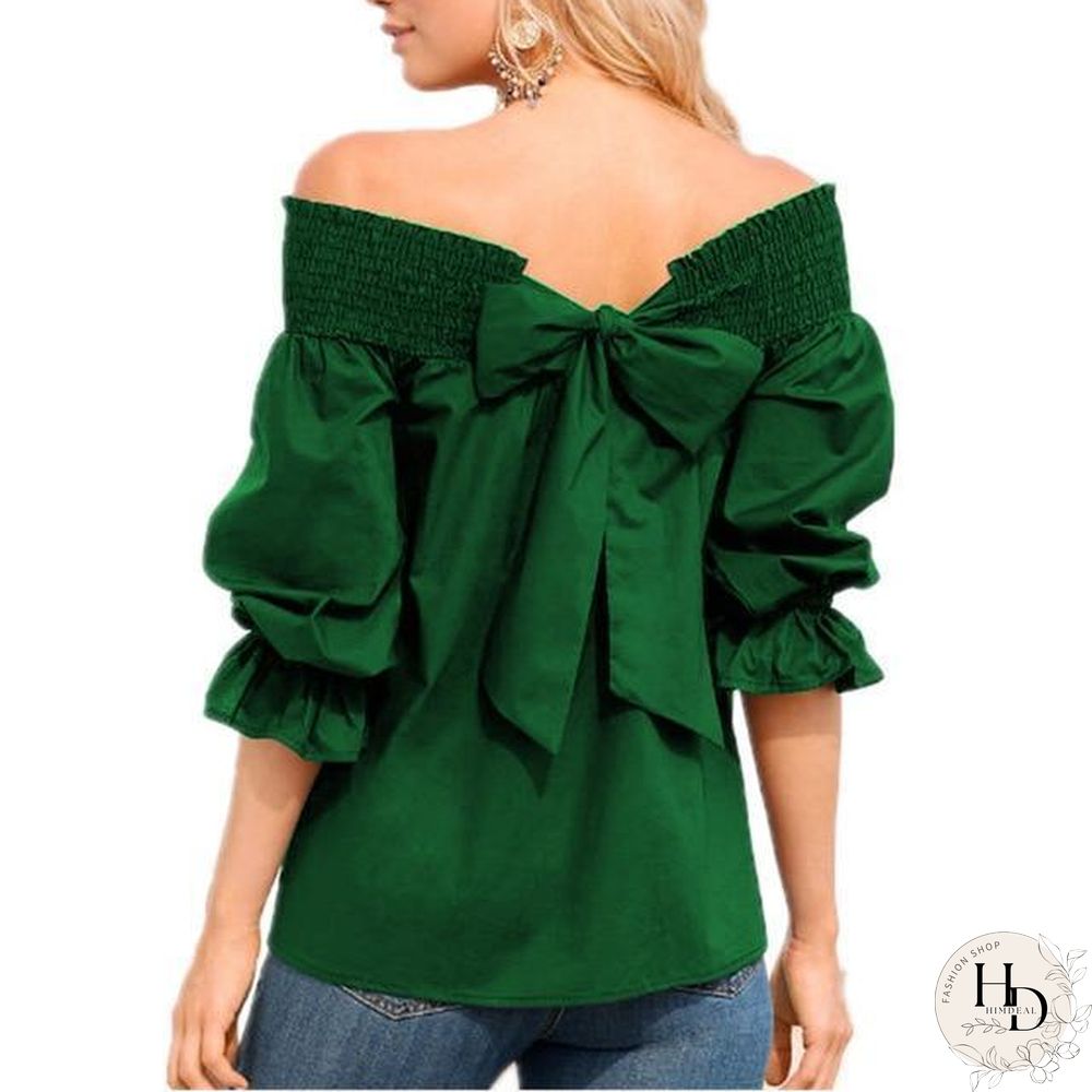 Women Sexy Off Shoulder Strapless Bowknot Slash Neck Shirts Casual Loose Plus Size Blouse Tops