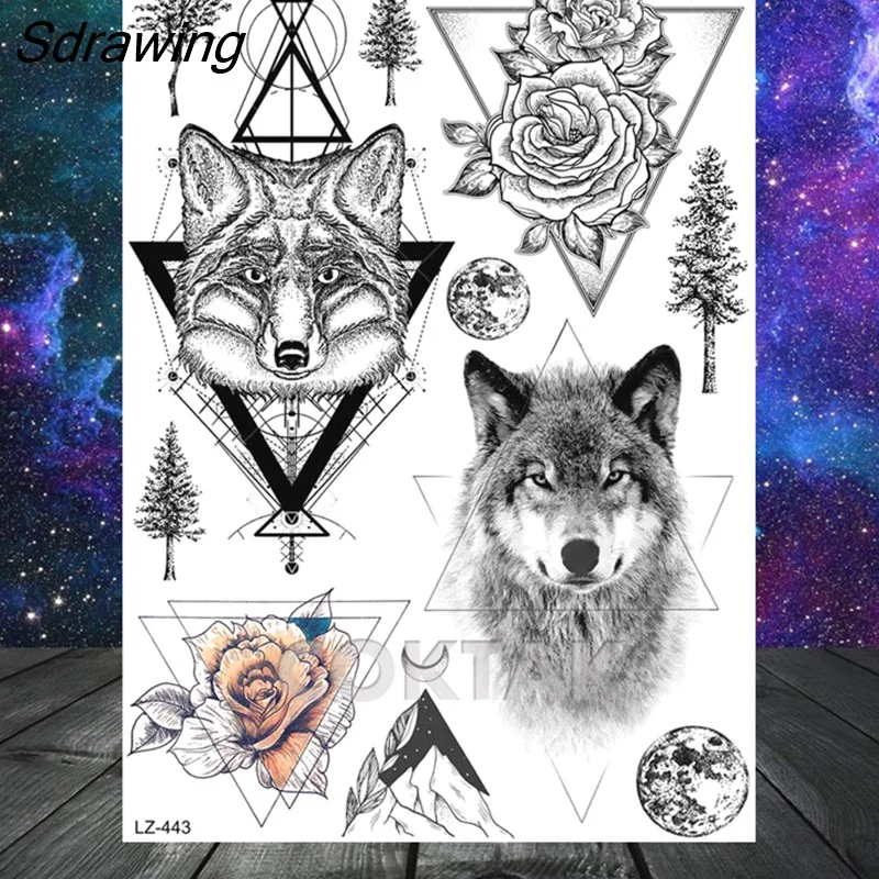 Sdrawing Geometric Fox Wolf Temporary Tattoos For Men Women Henna Tatoos Paper Waterproof Body Art Arm Leg DIY Fake Tattoo Sticker