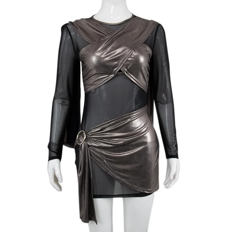 Promsstyle See through mesh splice asymmetric mini dress Prom Dress 2023