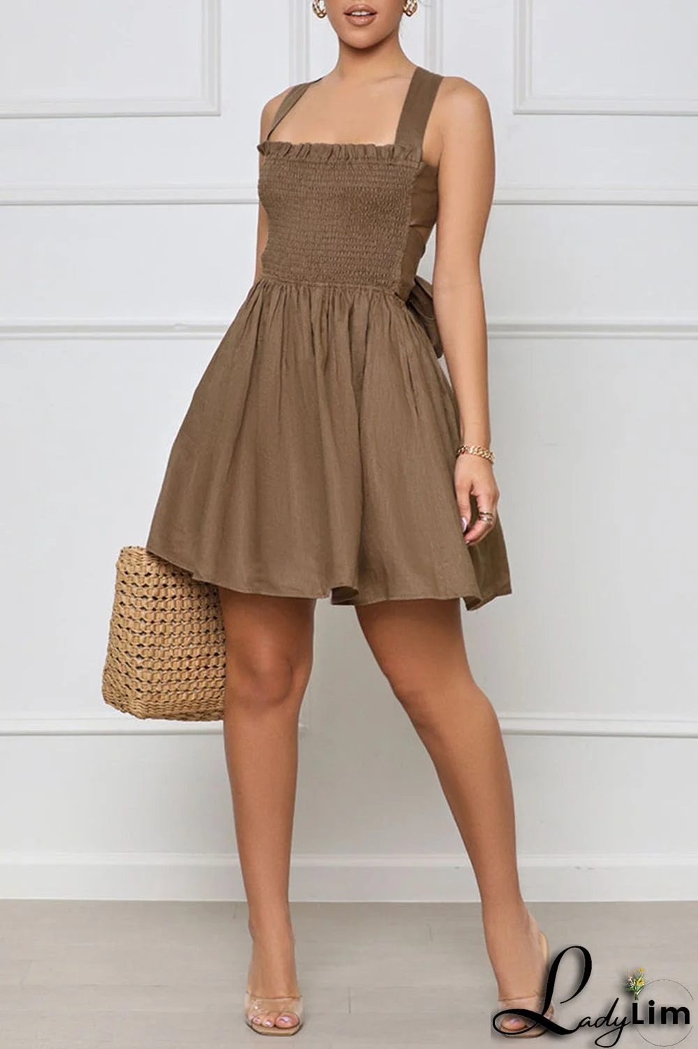 Brown Sexy Solid Bandage Patchwork Fold Spaghetti Strap A Line Dresses