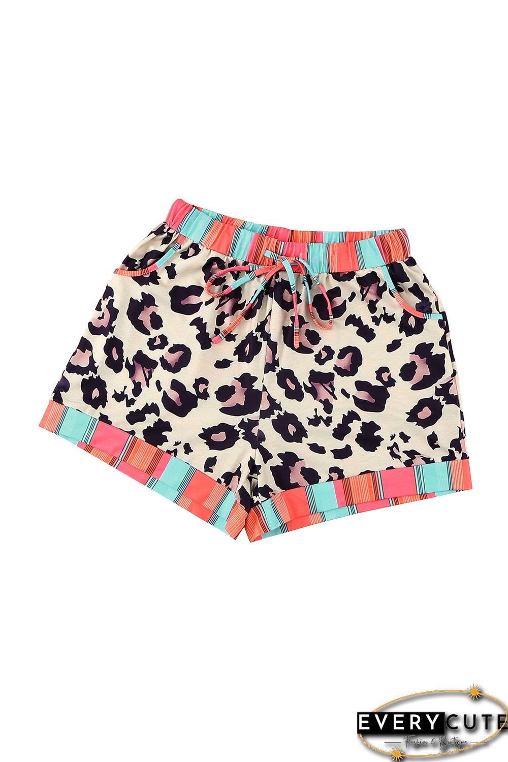 Leopard Striped Patchwork Drawstring Mid Waist Shorts