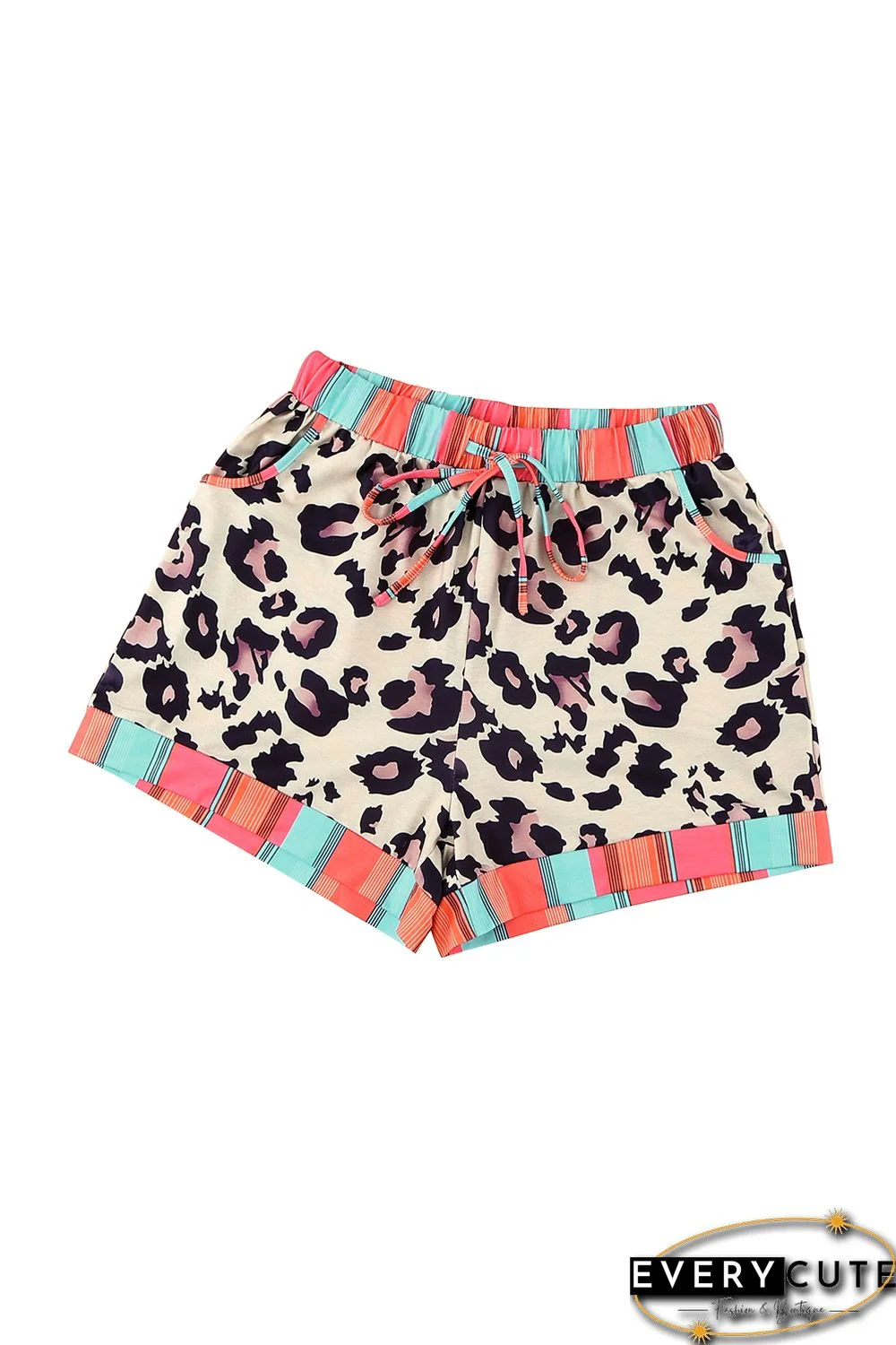 Leopard Striped Patchwork Drawstring Mid Waist Shorts