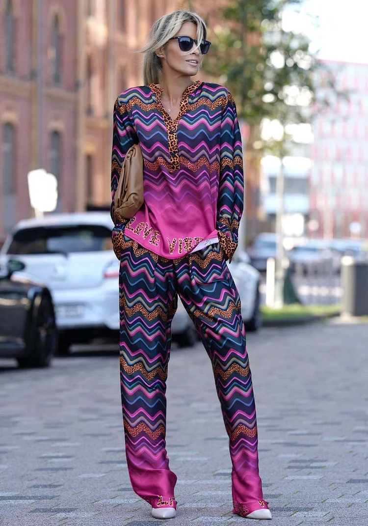 COREEN LEOPARD COLORFUL WAVE PRINT LONG SLEEVE SHIRT AND ELASTIC WAIST POCKET PANTS SET