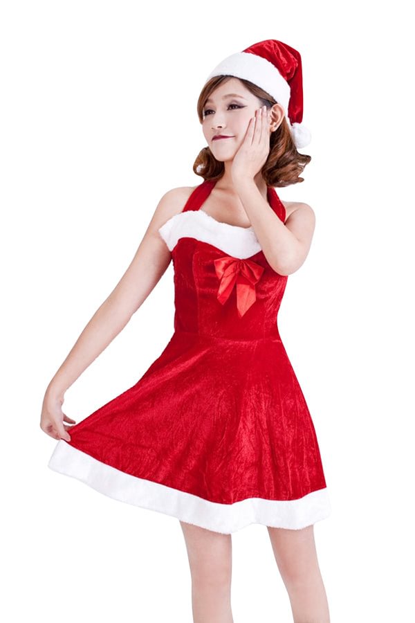Womens Sexy Halter Off Shoulder Vestido Christmas Santa Costume Red-elleschic
