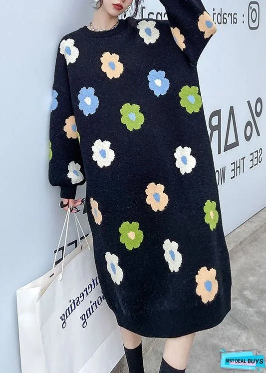Plus Size Natural Black Floral thick Knit Dress Winter