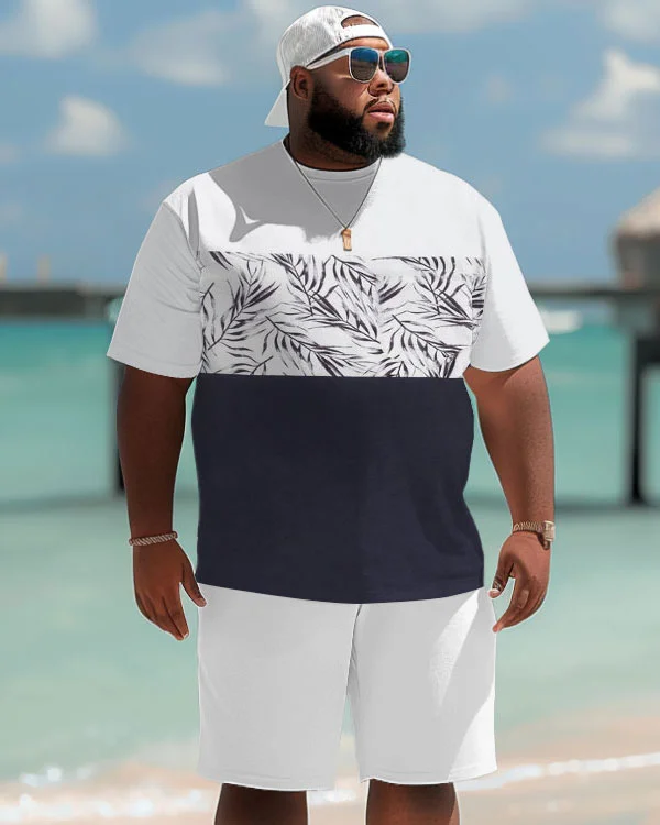 Hawaiian Simple Striped Leaf Colorblock Print Shorts Men's Plus Size Suit