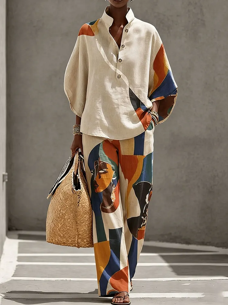 Women&rsquo;s Abstract Figures Pattern Creative Print Two-Piece Set