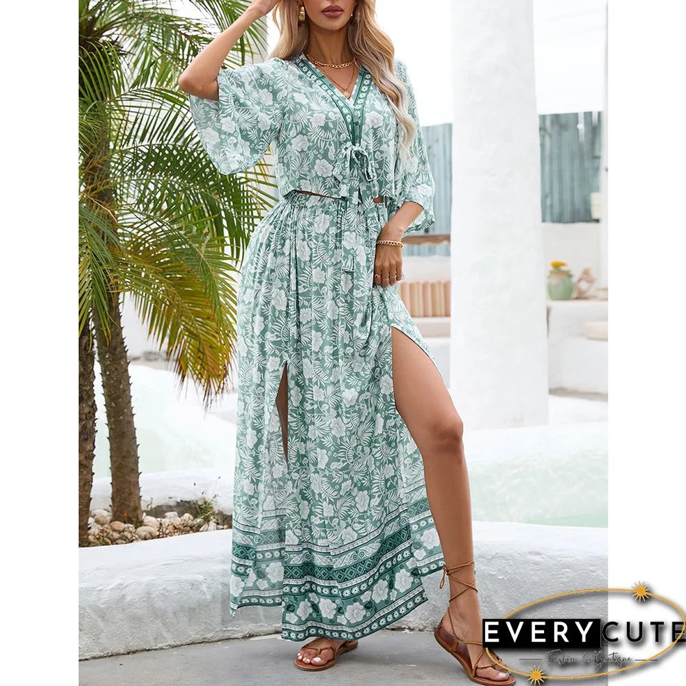 Green V Neck Bohemia Top And Split Skirt Set