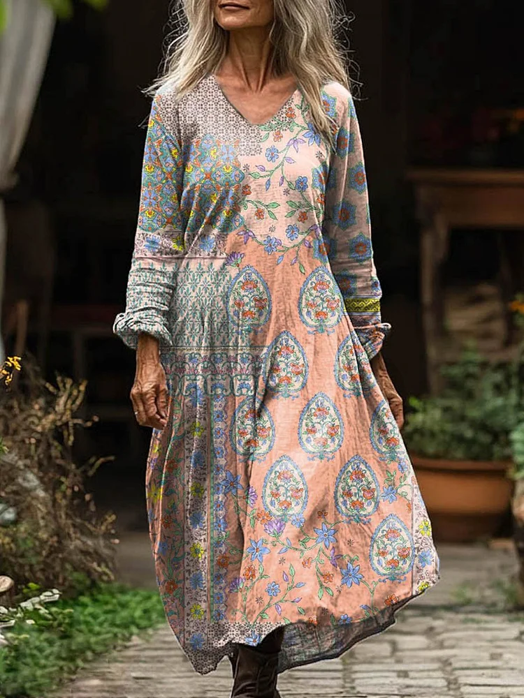 Women's Vintage Lovely Floral Art Print Pocket Cotton Dress