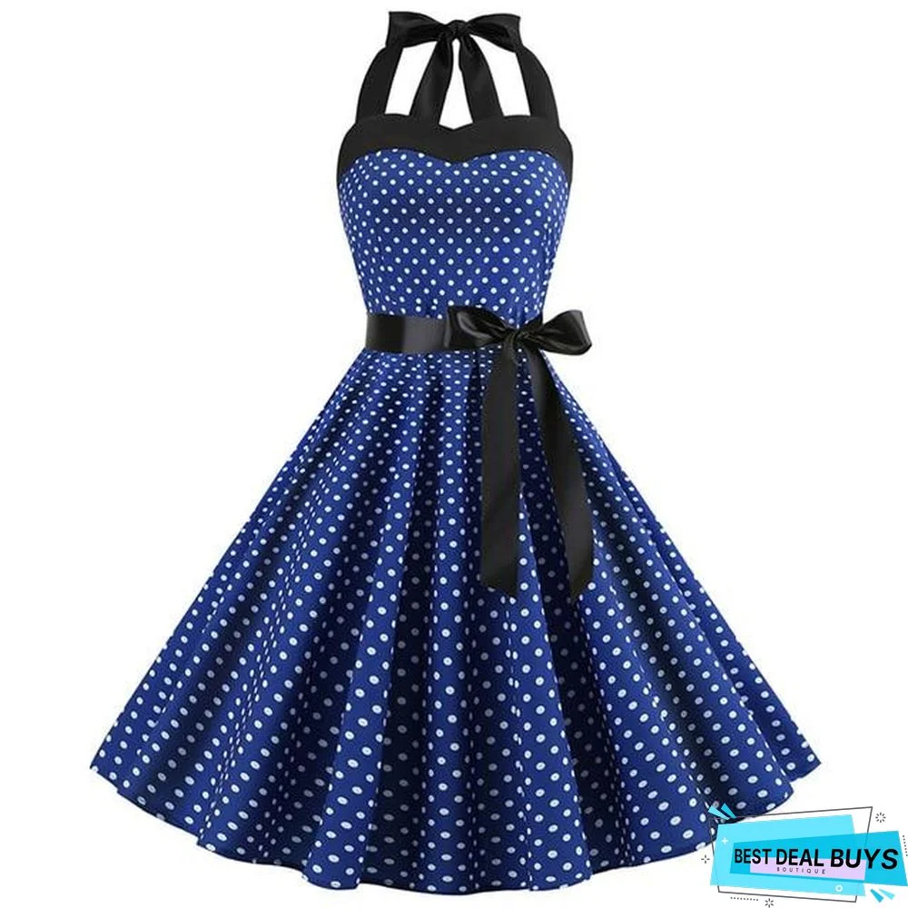 Sexy Halter Party Dress Retro Polka Dot Vintage Dresses Elegant Midi Dress