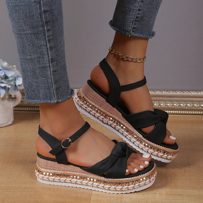 Yyvonne Summer New Loose Cake Heel Sandals Women's Bow Bow Rope Soles Of The Leisure Women's Sandals