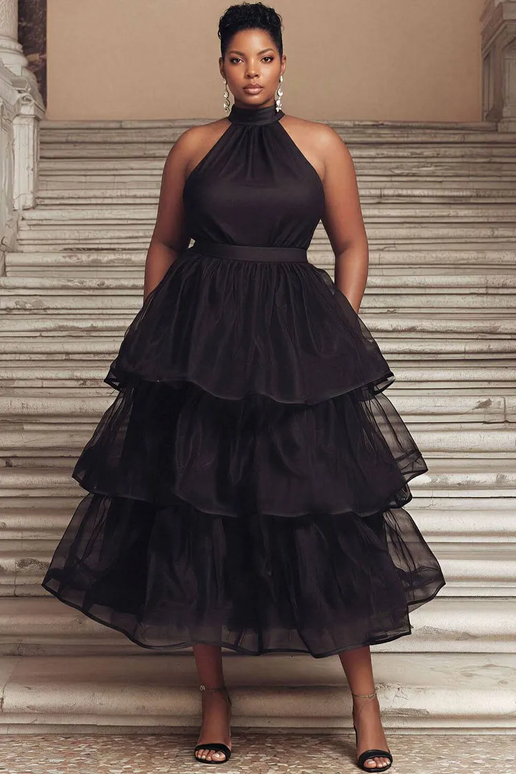 Xpluswear Design Plus Size Cocktail Party Black Halter Collar Ruffle — free download