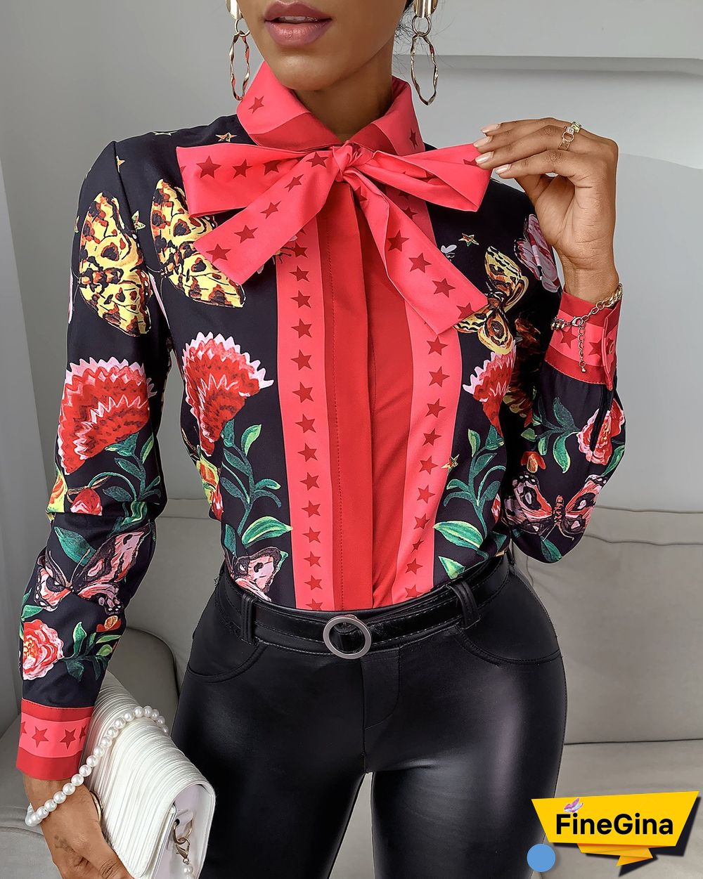 Tie Neck Floral Butterfly Print Long Sleeve Shirt P15964