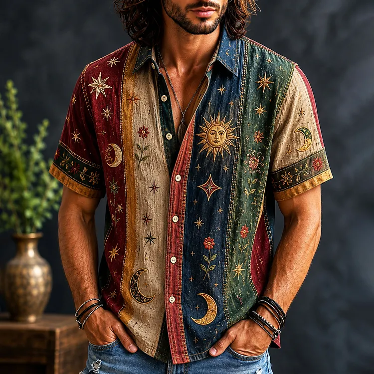 Men's Vintage Patchwork Flowers Sun Moon Striped Art Print Shirt
