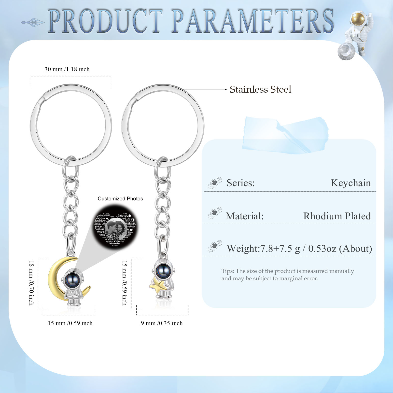 Ti amo Coppia di portachiavi 1 foto personalizzata astronauta luna e stella con proiezione per coppia