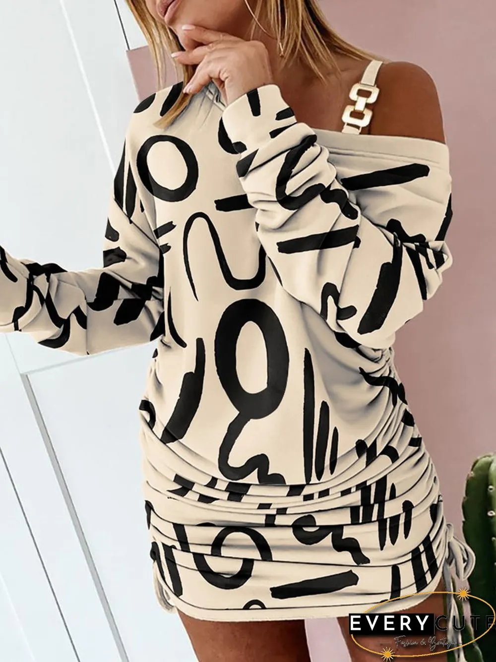 Fashion Pattern Print Drawstring Mini Dress Women Sexy Diagonal Collar Chain Pleated Party