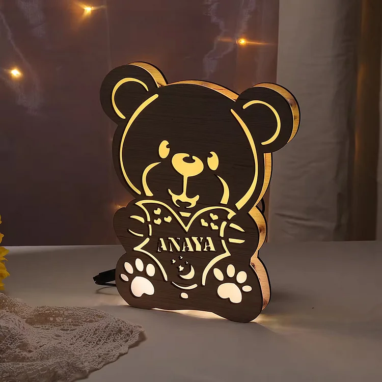 Custom Name Wooden Animal Bear LED 3D Night Lights