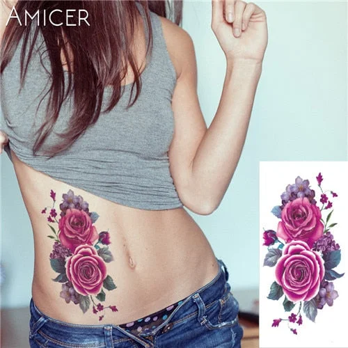 sexy romantic dark rose flowers Tattoo sleeve flash henna tattoos fake Waterproof temporary tattoos stickers translated tattoos