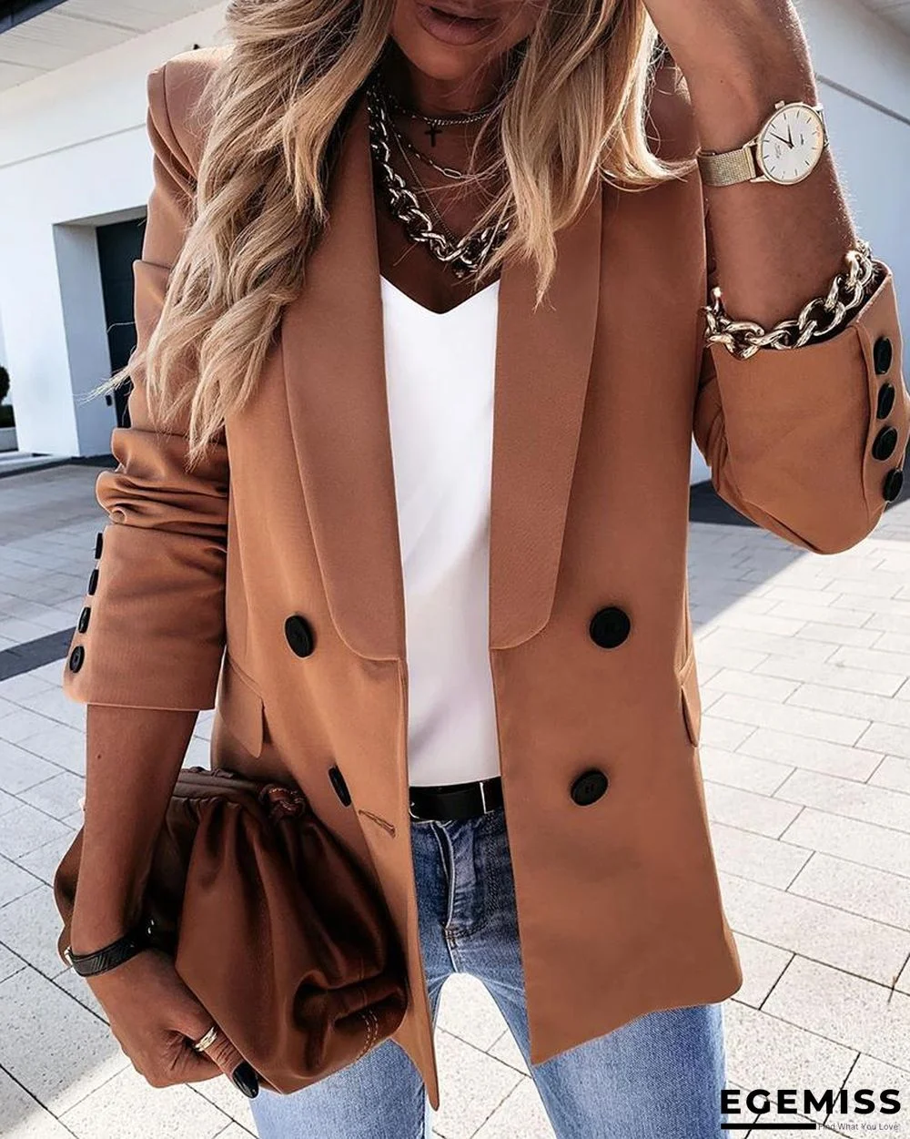 Plain Long Sleeve Double Breasted Chocolate Blazer Coat | EGEMISS