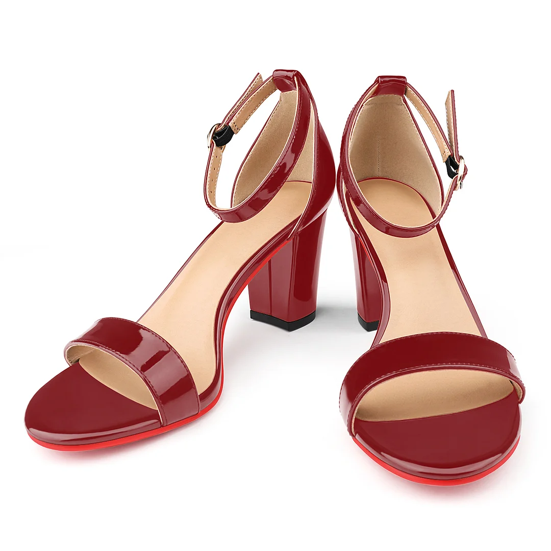 90mm Women's Chunky Heel Sandals Red Bottom High Heels Open Toe Ankle Strap Shoes-MERUMOTE