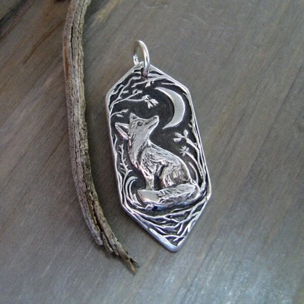 Sterling Silver Forest Moon Fox Stamp Pendant Necklace
