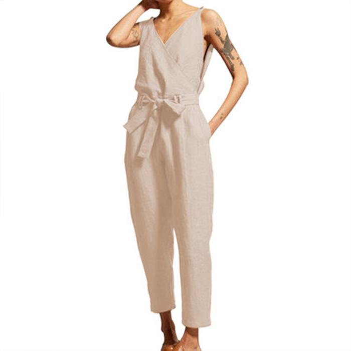 Casual Cotton And Linen Sleeveless Solid Jumpsuit