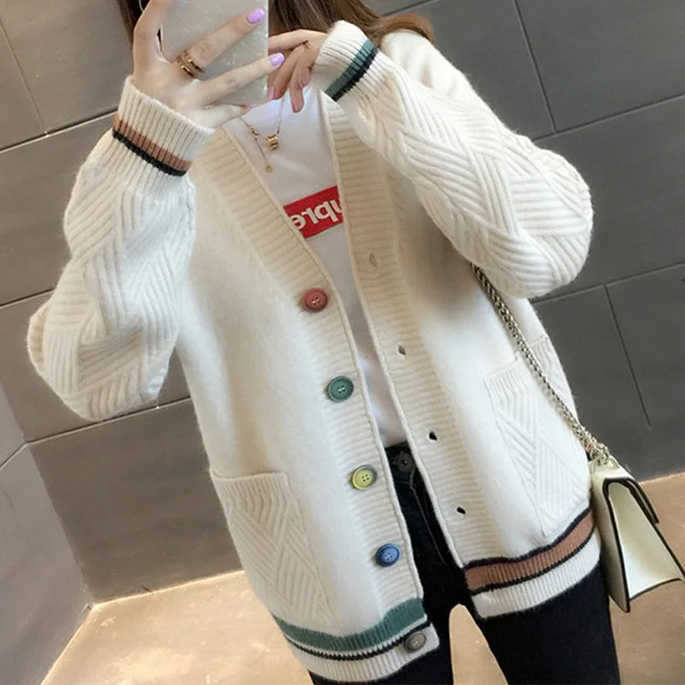Casual Long Sleeve Striped  Buttoned Knitted Outerwear QueenFunky