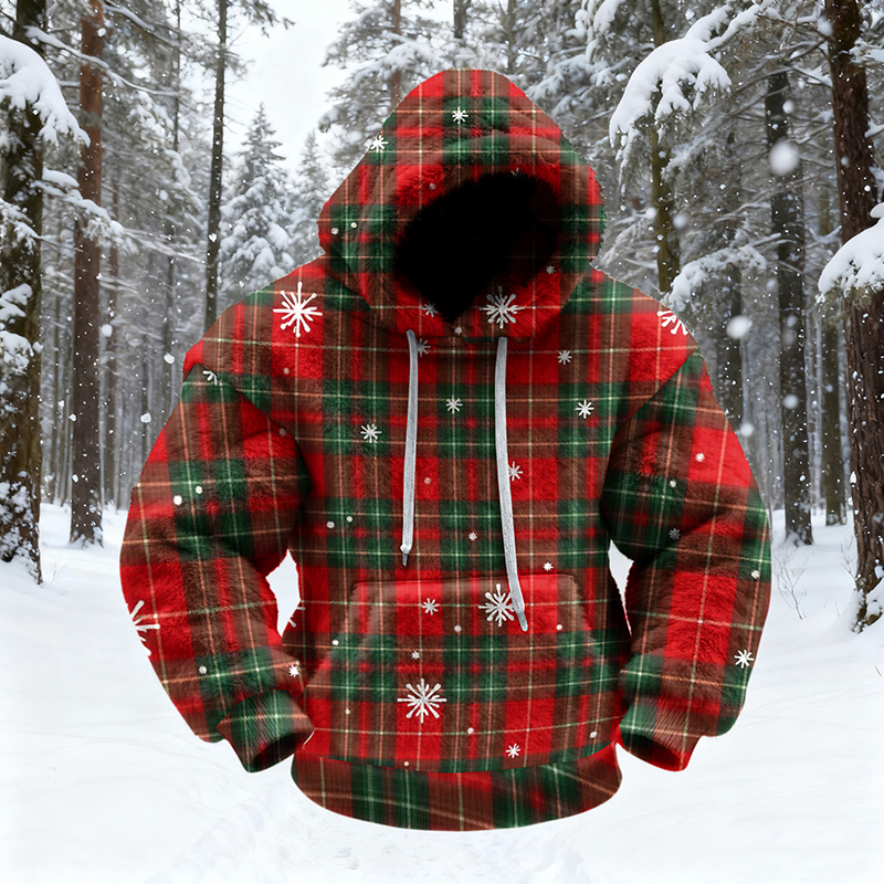 Men's Vintage Christmas Plaid Art Cozy Plush Hoodie elevenforest