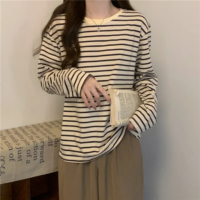 Uveng Uveng Collar Long-Sleeved T-Shirt Women's 2023 Autumn Dress New Loose And Thin Striped Undershirt Casual Inside Top