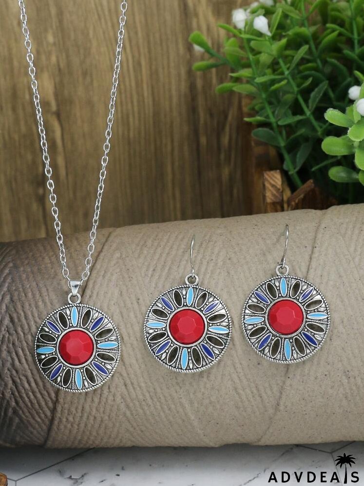 3pcs Gemstone Decor Hollow Flower Jewelry Set