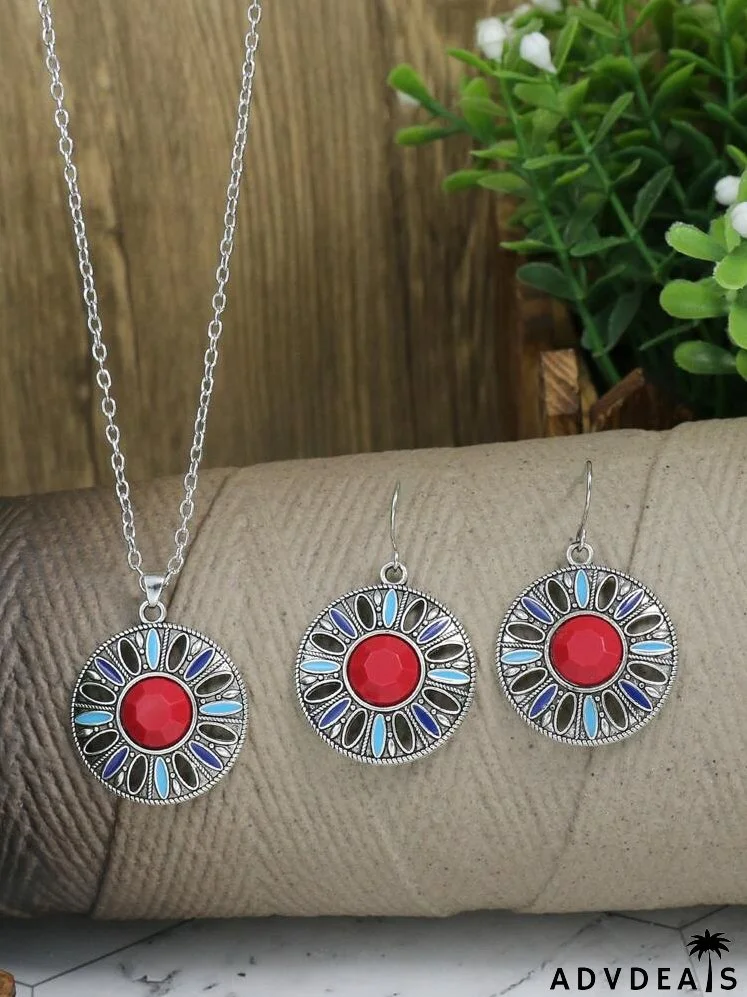 3pcs Gemstone Decor Hollow Flower Jewelry Set