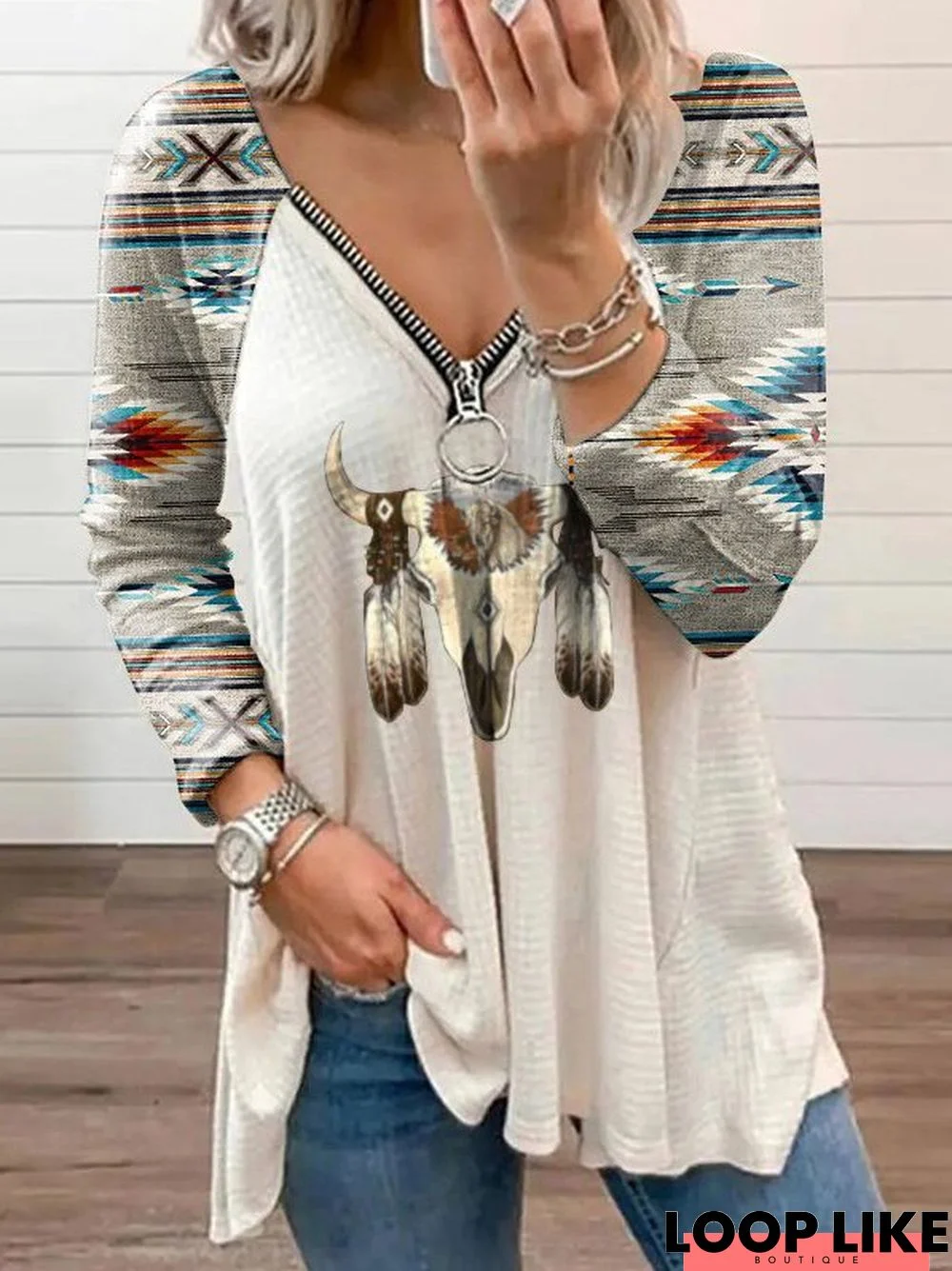 Ethnic Raglan Sleeve Tunic T-Shirt