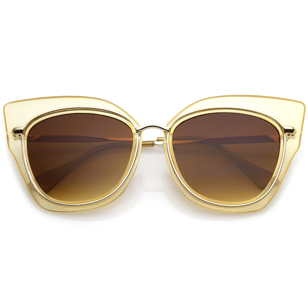 Women's Oversize Metal Trim Slim Arms Super Flat Lens Cat Eye glasses 57mm