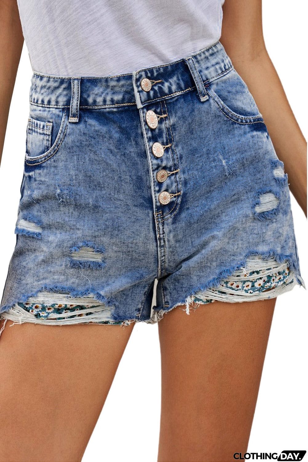 Splicing Button Fly Distressed Denim Shorts