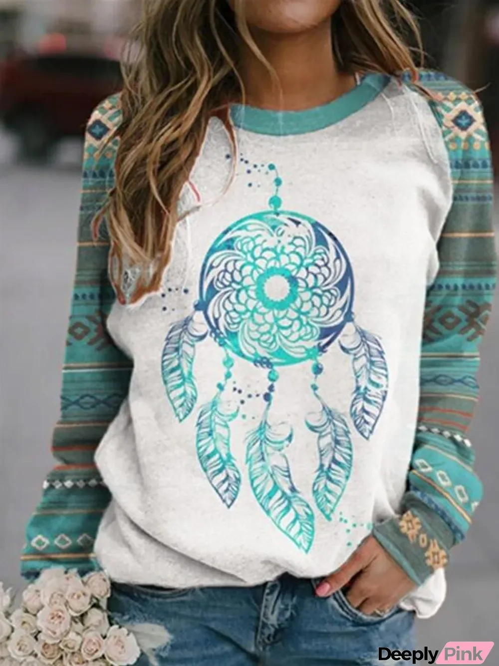 Women Long Sleeve Scoop Neck Floral Printed Graphic Top