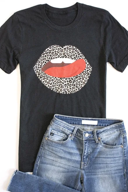 Animal Print Lips Black Heather Graphic Tee T Shirt