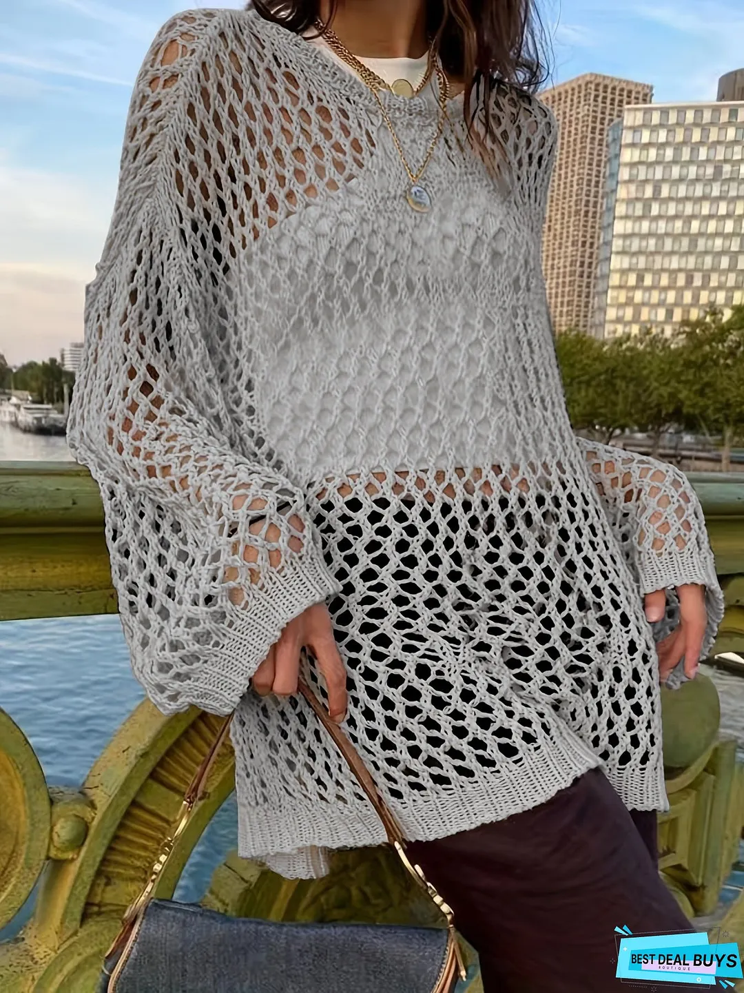 Crochet Cut Out Cover Up Top, Y2K Long Sleeve Crew Neck Top, Women's Clothing