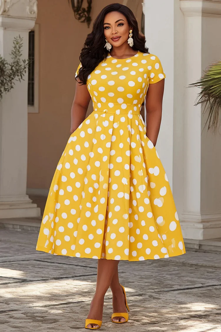 Xpluswear Design Plus Size Vacation Yellow Polka Dot Round Neck Short Sleeve Pocket Pleated Midi Dresses [Pre-Order] 2024 - Xpluswear