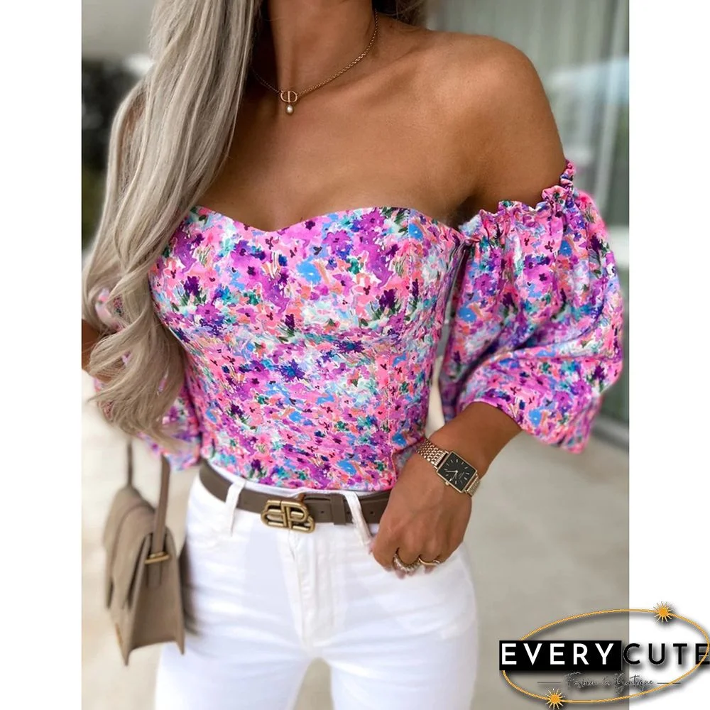Light Purple Floral Print Off Shoulder Puff Sleeves Tops