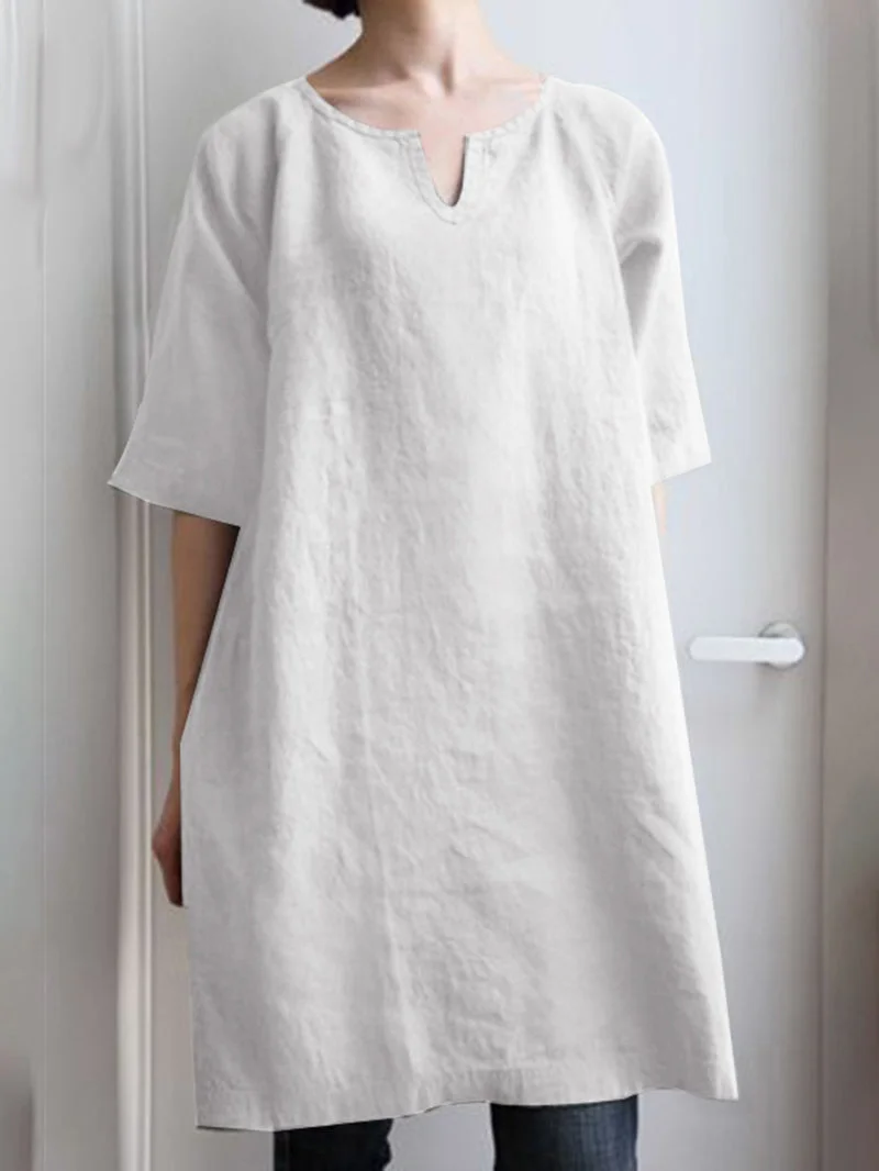 Loose Fit Solid Color Linen Dress