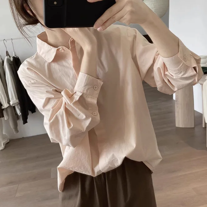 Athvotar Athvotar Shirt Women's Spring And Autumn New Loose Thin Korean Version Of Age-Reduction Long-Sleeved Basic Simple Solid Color Top