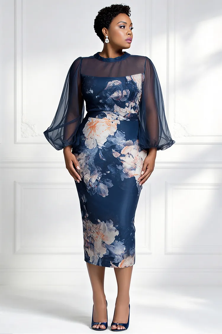 Xpluswear Design Plus Size Cocktail Party Tulle Navy Blue Floral Round Neck Lantern Sleeve Long Sleeve See Through Split Satin Midi Dresses [Pre-Order] 2024 - Xpluswear