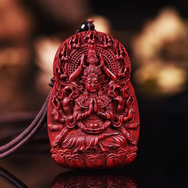 Natural Cinnabar God of War Goddess of Mercy Amulet Pendant Necklace